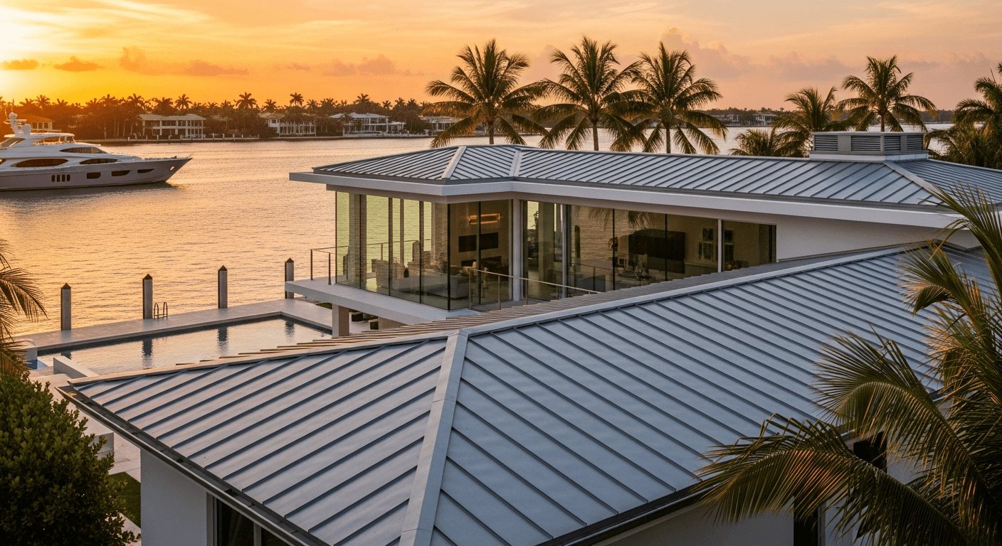 Standing seam metal roof at sunset — Star Island