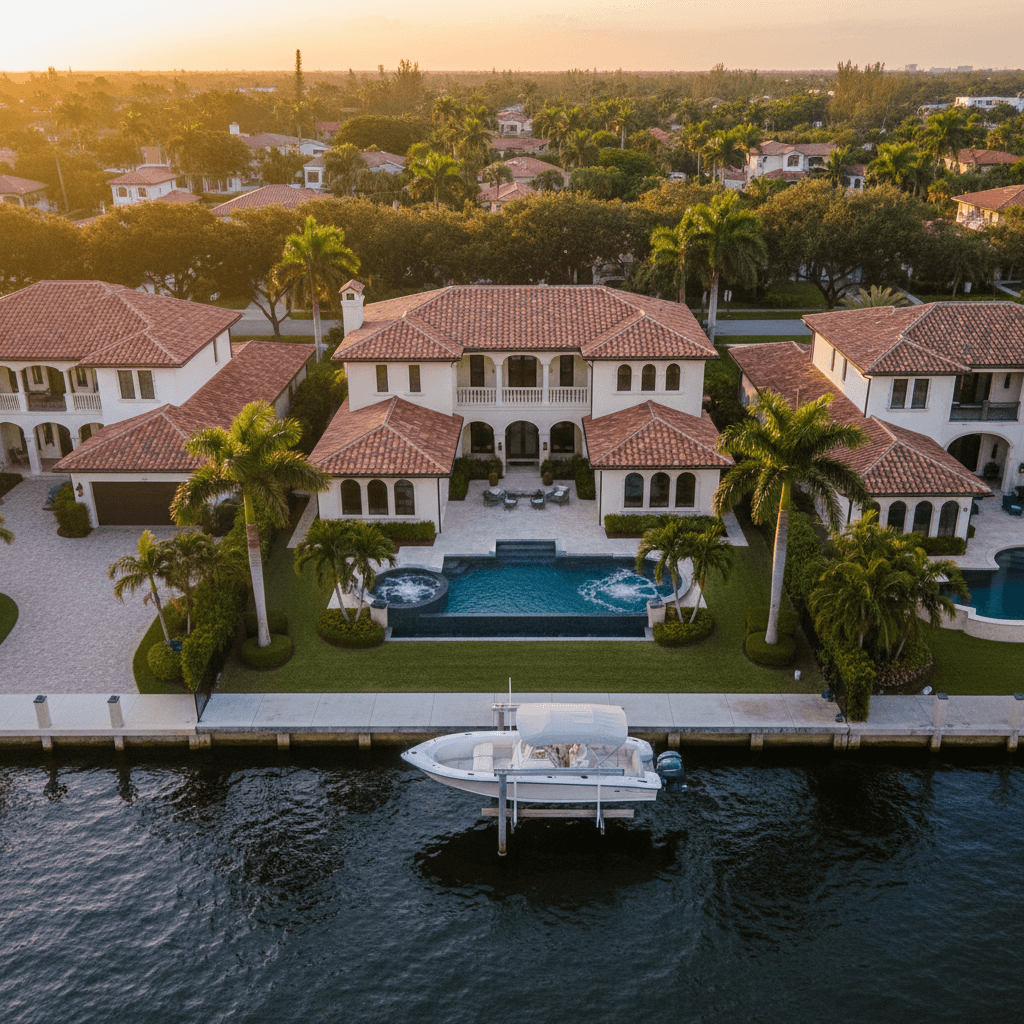 Waterfront barrel tile estate at sunset — Bal Harbour